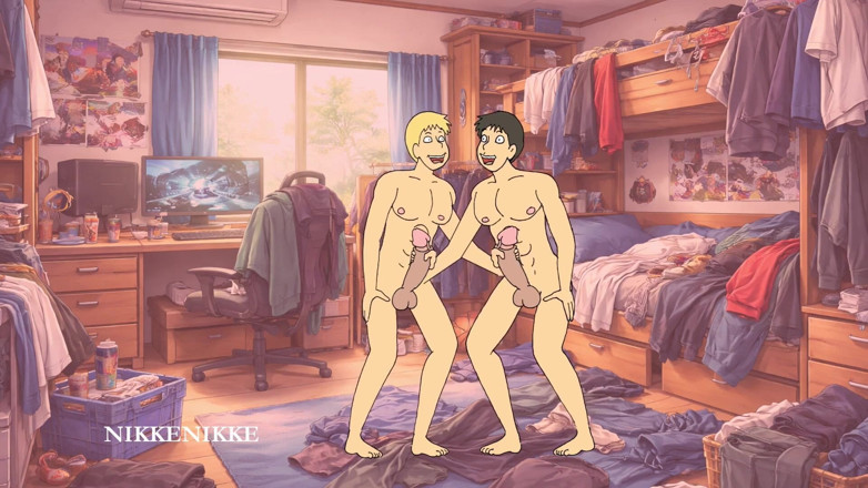 Nikkenikke animation: 야오이, 손으로 자위하는 듀오에서 강렬한 굴뚝 청소기로