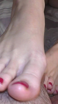 Sexy Red Painted Nails Toes POV Close up Oil Footjob with Cum on Toes