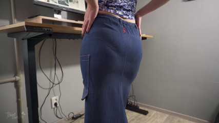 Teasecombo 4K: MILF Secretary in Jean Skirt Teases Visible Panty Line