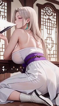 Kimono si pembantu kulit putih! Berlutut di koridor Jepang, celah besar mengungkap paha basah di bawah matahari.