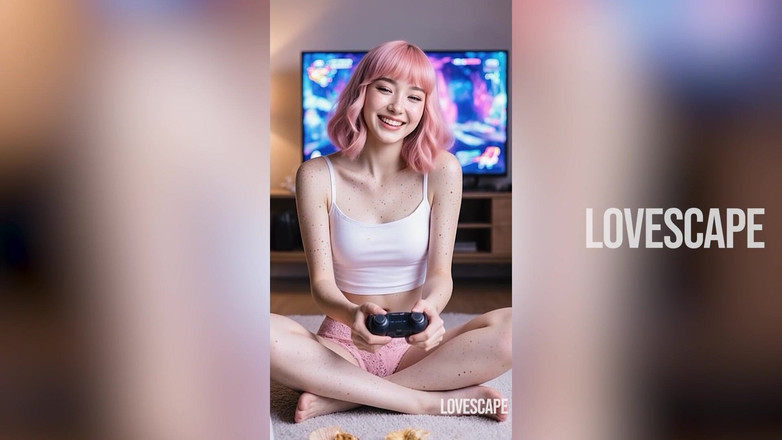 Lovescape: ピンク髪の美女がワイルドなスリーサムで大きなペニスを2人受け入れる