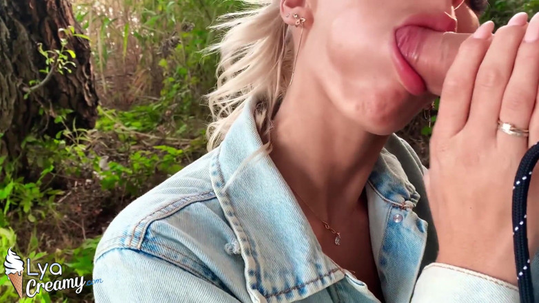 Lya Creamy: Blonde sucking huge cock and handjob - cum swallow