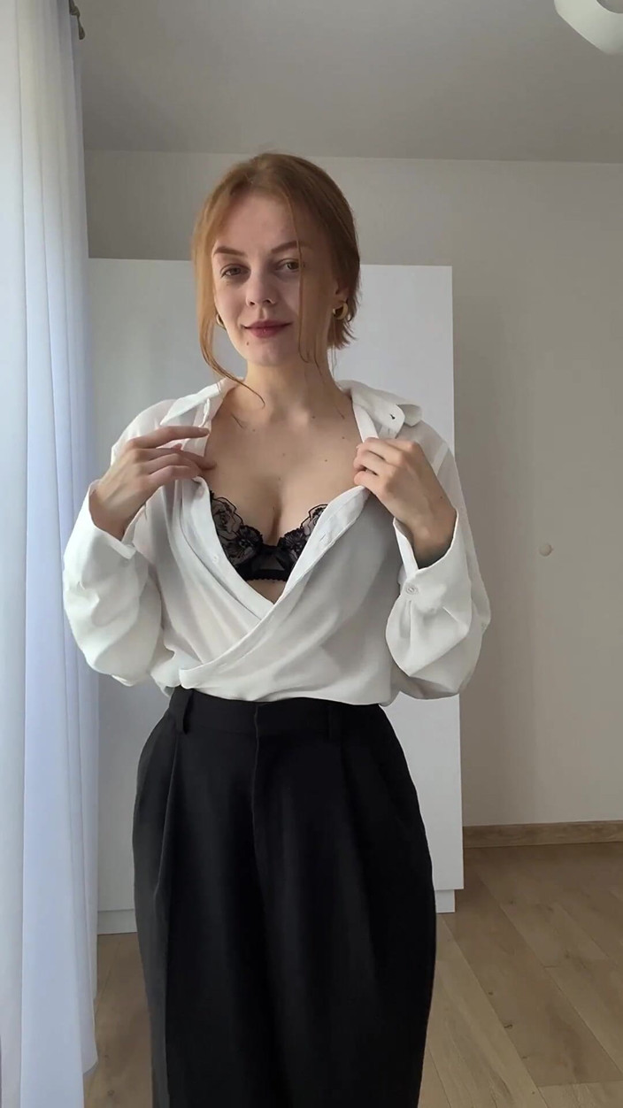 LadyInBad: Hot MILF-secretary Dances Slow Striptease, Showing Hairy Pussy and Chest