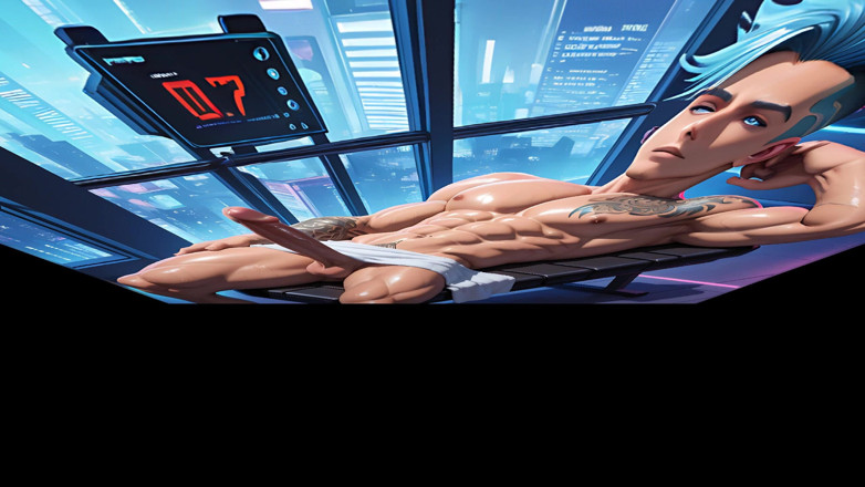 LustMen: Cyberpunk Hacker Jerking on Hotel Gym Bench in Midnight Haze