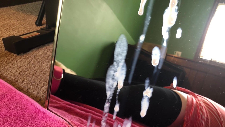 Plugged Data Pup: Sissy cumshots onto the mirror