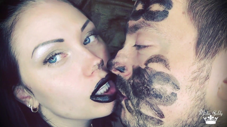 Goddess Misha Goldy: Covering Alex with black shiny lipstick kisses all over his...