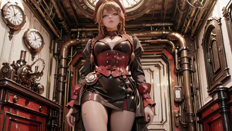 Seraphina Vale: Ducesa Steampunk! Fată mecanică cu părul roșcat tachinând în sala de...