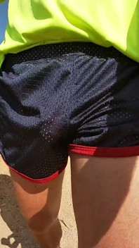 So Hot! Running with My Erect Cock Out Wearing Shiny See Thru Cock Sport Shorts
