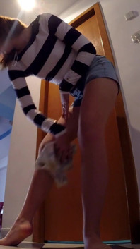 Skinny Redhead Cleaning Her Pipi Accident, She Just Wet Her Short Pants with Her Hot Pee