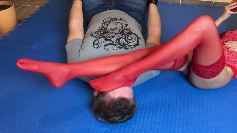 Mean Asian Wife: Red Pantyhose Foot Domination