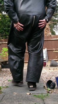 Leather Overalls in the Garden