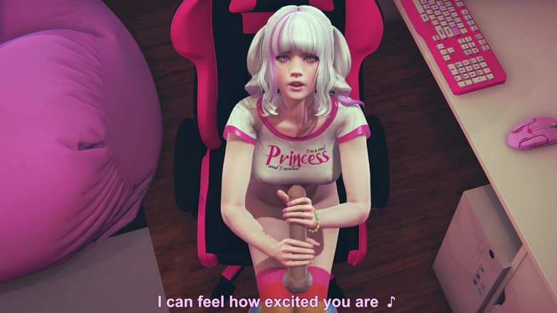 Waifu club 3D: Gamer girl touching real cock for the first time