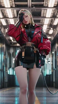 Red Leather Jacket Glistening Under Neon Rain, Kneeling Pose That Breaks the Armor