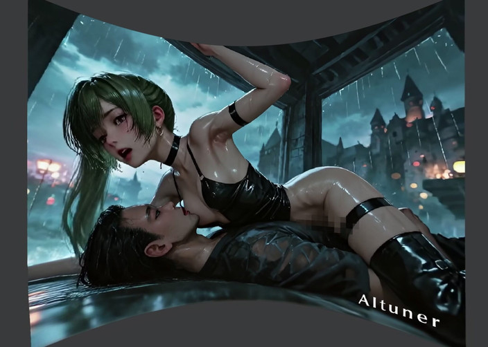 AItuner VR: [3D VR SBS] schwarzes Leder und grünes Haar. Es gibt...