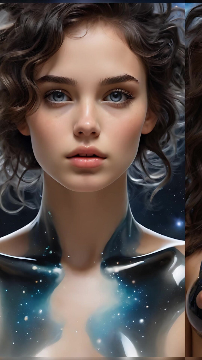 AI Girls: Sıvı obsidiyen vücuda sahip güzel genç bir kadının galaksileri yansıtan...