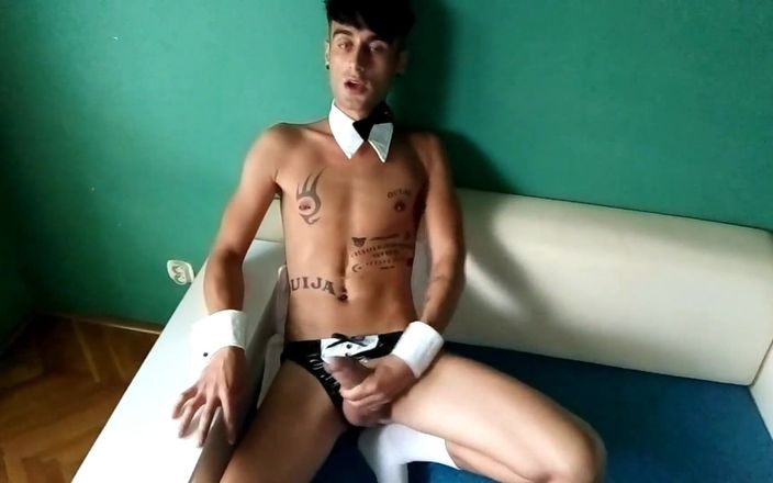 Idmir Sugary: Tattooed Twink in Porn Costume Jerk off and Cum - Casting