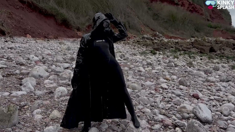 UKCuteGirl Lucy Lauren: Gas Mask Goddess - Rubber Wetsuit &amp; Pvc Mac Beach Tease