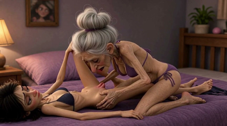 YOUR BEST FANTASY: Extremely Skinny Old Woman Licks a Skinny Young Woman's Pussy