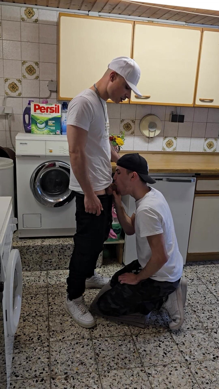 boyzxy212: Risky Gay Blowjob in the Empty Laundry Room