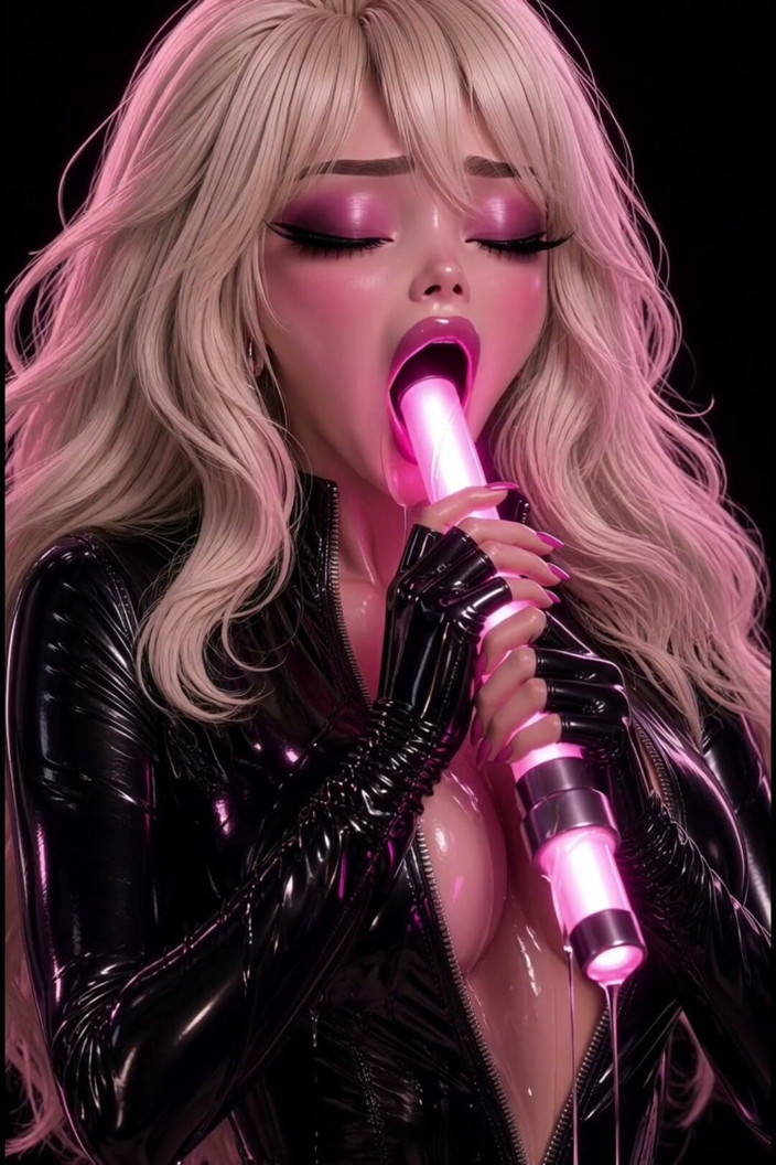 Wertstofsamler: 3d Anime Blondine bimbo in Latex catsuit, masturbates in pink...