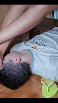 Face Footstool Slave Cleans Dirty Flip Flops and Cums on Flip Flops and Has to Lick It
