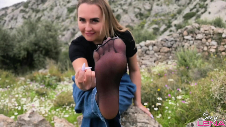 Goddess Lena: Greek Mountain Wild Footjob with Sweaty Nylon Feet - Outdoor Cum...