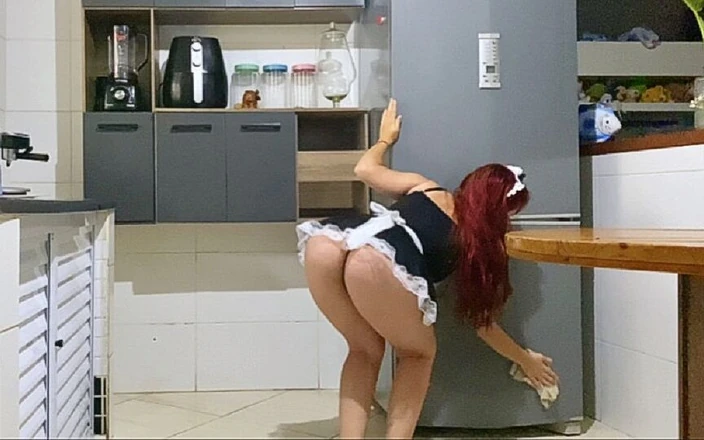 Curious Electra: Very sexy female employee cleaning the kitchen