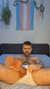 Hairy Muscular Ftm Trans Man Riding Big Dildo and Squirting