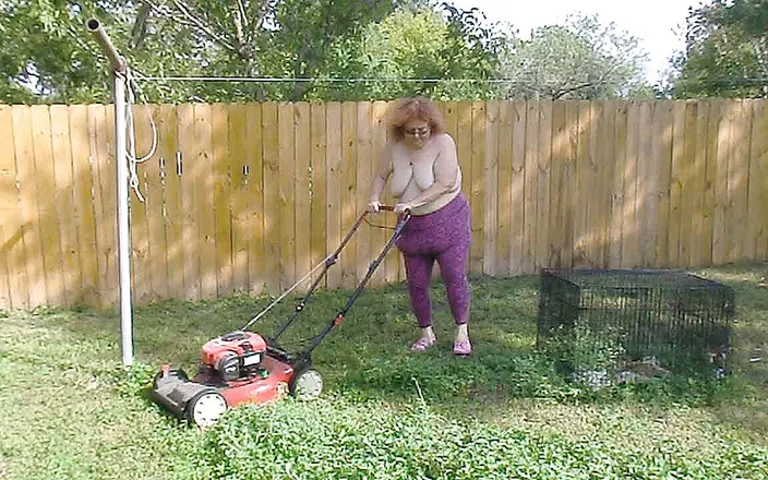 BBW nurse Vicki adventures with friends: Nurse Vicki Mowing Grass dressed then topless