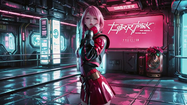 Seraphina Vale: Pink-haired Mech Warrior! Kneeling in Neon Streets, Red Rose &amp; Cold...