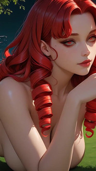 Femme fatale si cewek cyberpunk dengan rambut merah panjang yang menggairahkan
