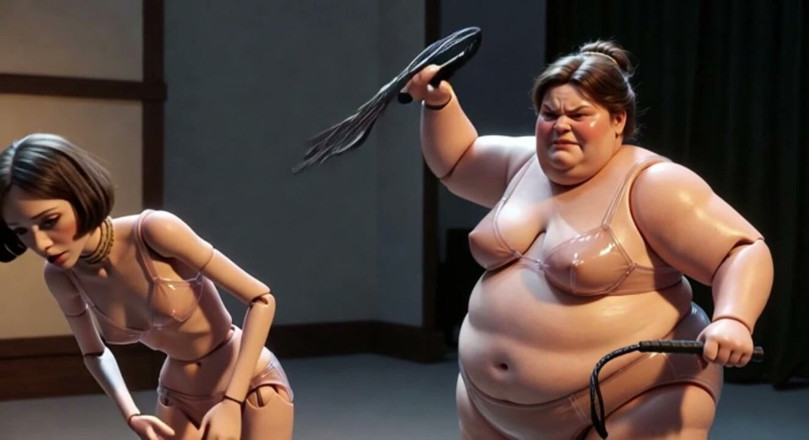 YOUR BEST FANTASY: Fat Mistress Whips Bound Skinny Slave - Body Contrast Humiliation
