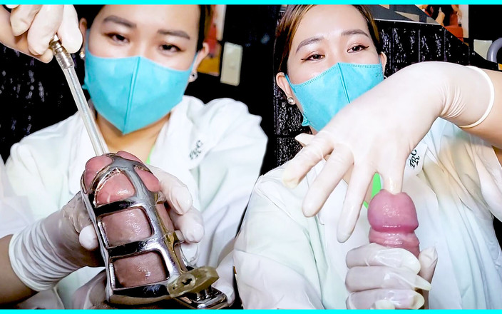 DominaFireOfficial: Două asistente care sondează sclavul în centură de castitate