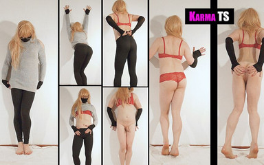 KarmaTS: 可爱的 Karmats 穿着性感紧身裤和热辣的红色内衣跳舞脱衣舞！