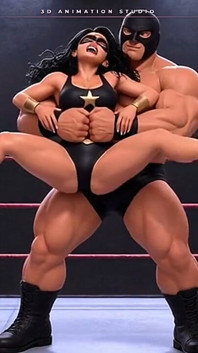 Super-erou mascat în tocuri strap prins în Bearhugs și glezne locks - Ring Wrestling