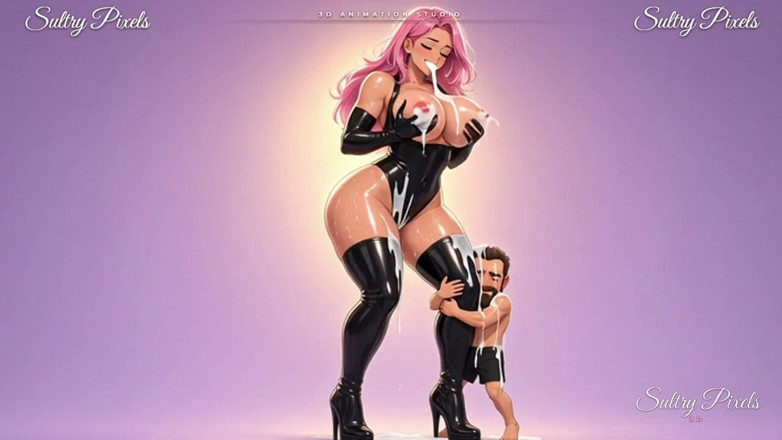 Sultry Pixels 3D: อนิเมะลาเท็กซ์ผมสีชมพู Giantess บีบนมใหญ่ของเธอในฐานะชายตัวเล็กกอดรองเท้าบูทของเธอ