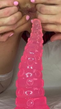 Femboy Fucks Ass with Dildo in Chastity Cage