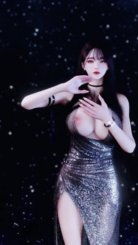Glossy Korean-style Beauty, Seductive Evening Gown, High Heels, Big Boobs, Big Butt, Shaved Pussy, Tight Pussy