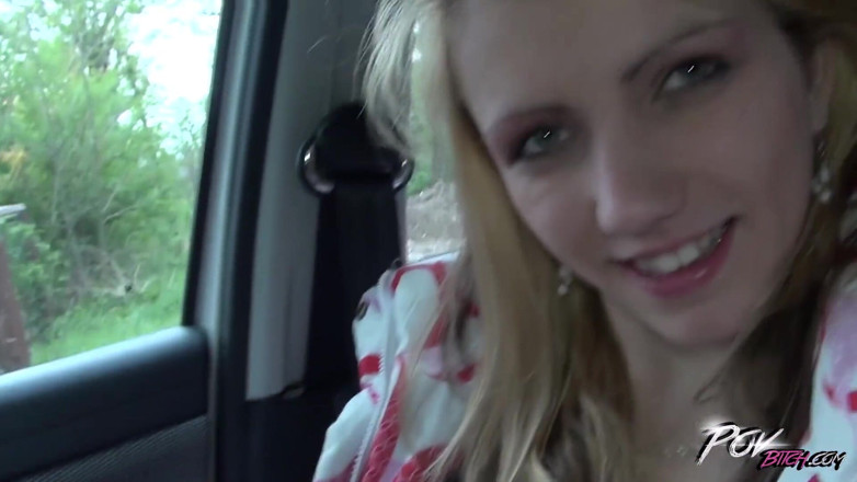 POV Bitch: Petite skinny blonde teen suck cock under steering wheel and...
