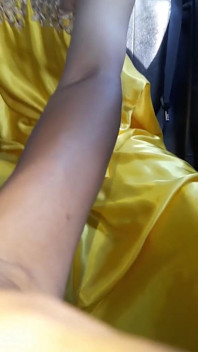 Sexy Crossdresser Masturbating Wearing Yellow Satin Shiny Dress
