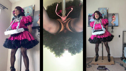 Sissy Candy: Hizmet tepsisi ile kadın kılıklı hizmetçi dildo standına biniyor