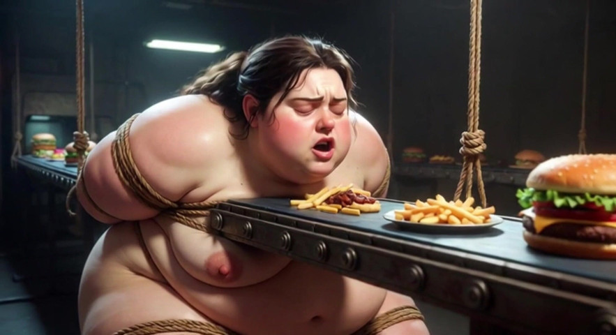 Tied up SSBBW Eats Massive Meal While Kneeling - Belly Stuffing (Anime Hentai)