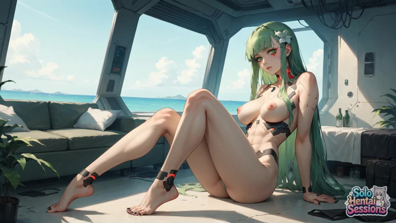 Solo Hentai Sessions: Green-haired Coffee Goddess at Urban Beach