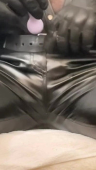 Black Leather Vibrating Toy Cock Fondle & Nipple Play