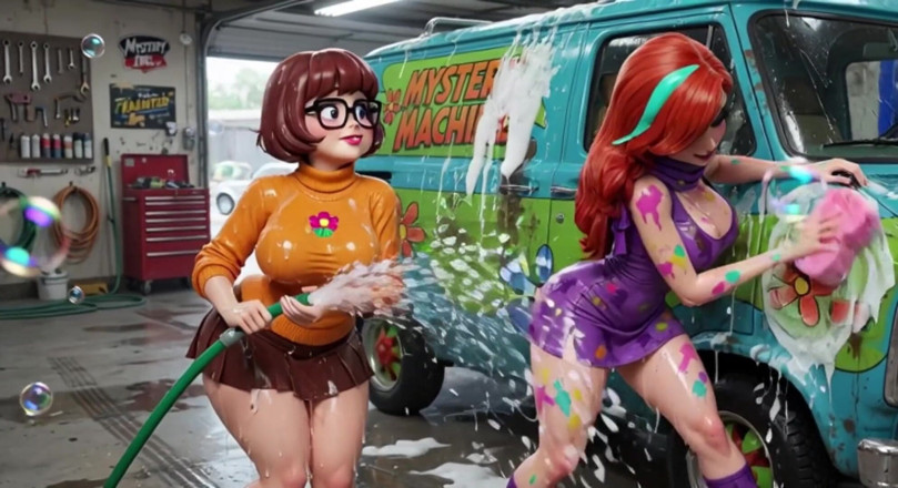 My night collection: Velma dan daphne lagi asik bersih-bersih mobil dengan sabun sambil...