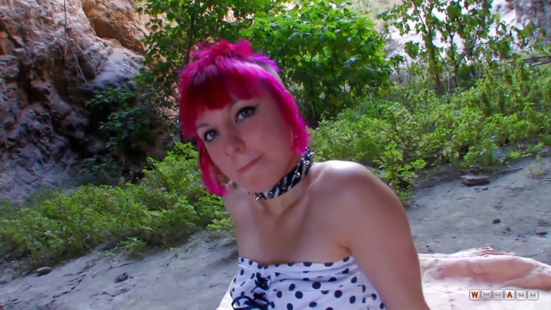 WWMAMM: Babe with colored hair gets her ass hole slammed outdoors