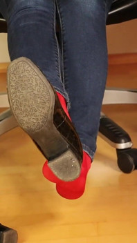 Red Nylon Feet in Black Shiny Heels - Dangling & Tease in Tight Jeans