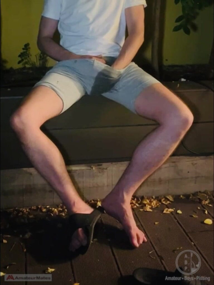 AmateurBoysPissing: Amateur Twink in Adilette Sandals Wets Himself in the Garden...