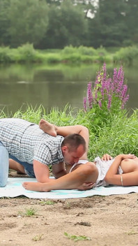 Sensual Sex Near the River with Romantic Couple of Big Tits Brunette Girls