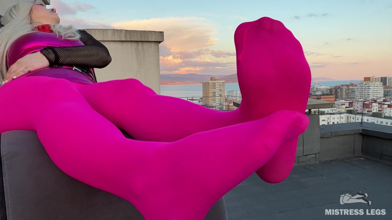 Mistress Legs: Pink Nylon Tease on the Rooftop at Sunset - Feet and...